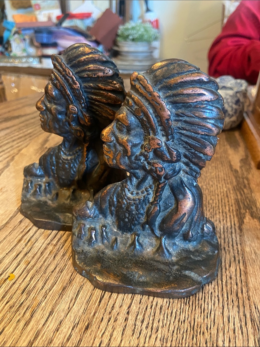 Antique-Style Native Chief Cast Iron Bookends - Bronze Patina